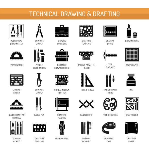 ilustrações de stock, clip art, desenhos animados e ícones de technical & engineering drawing tools. vector flat icon set. architect drafting instrument. isolated object - drawing compass caliper computer icon work tool