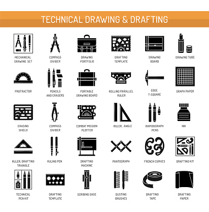 Technical & engineering drawing tools. Vector flat icon set. Architect drafting instrument. Isolated object on white background