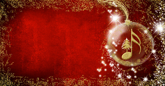 Christmas musical card.  Semiquaver and Christmas tree  golden glitter texture inside a transparent christmas ball with copy space.Panoramicl image.