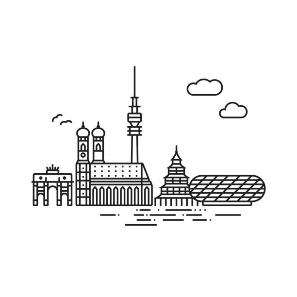 illustrazioni stock, clip art, cartoni animati e icone di tendenza di illustrazione vettoriale skyline skyline di monaco di baviera in stile icona linea - munich cathedral
