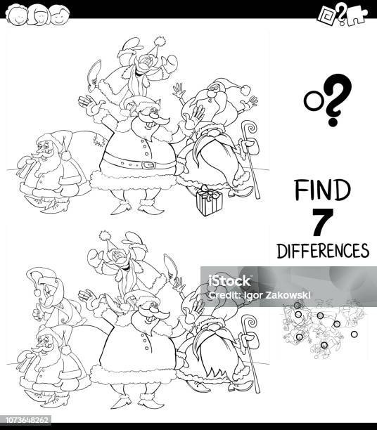 Differences Game Santa Claus Color Book Stock Illustration - Download Image Now - Black And White, Book, Cartoon