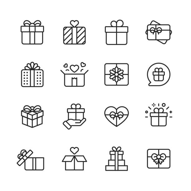 ikony związane z prezentami. zawiera takie ikony jak gift box, prezent świąteczny, prezent urodzinowy, karta podarunkowa. dla urządzeń mobilnych i sieci web. - heart shape christmas paper christmas gift stock illustrations