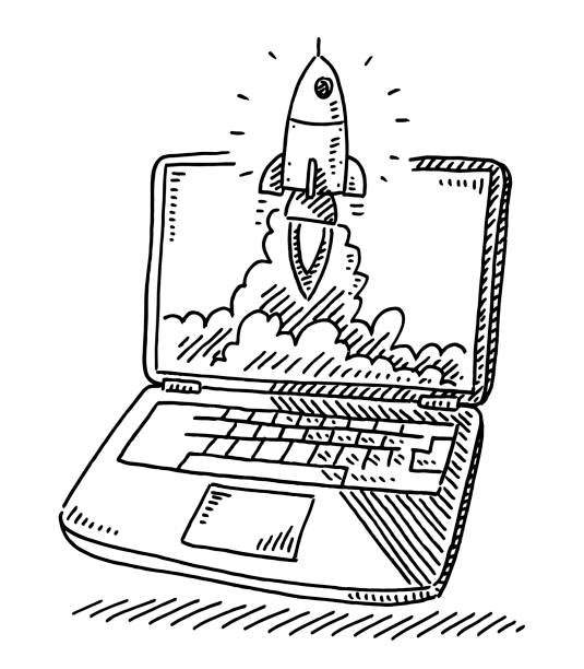 Start Up Concept Rocket Laptop Drawing Hand-drawn vector drawing of a Start Up Concept with a Rocket ascending out of a Laptop Screen. Black-and-White sketch on a transparent background (.eps-file). Included files are EPS (v10) and Hi-Res JPG. launch event illustrations stock illustrations