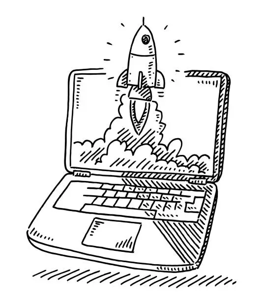 Vector illustration of Start Up Concept Rocket Laptop Drawing