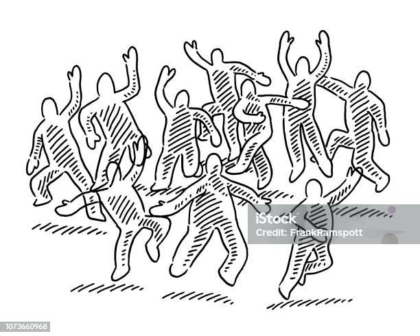 Cheering Group Of Human Figures Drawing Stock Illustration - Download Image Now - People, Dancing, Black And White