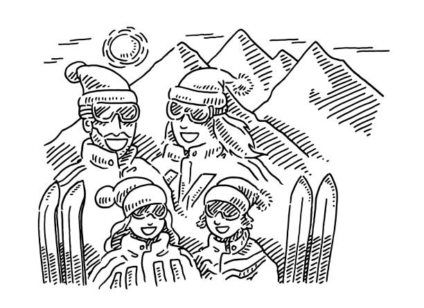 Winter Vacation Family Mountains Drawing Hand-drawn vector drawing of a Family in the Mountains during their Winter Vacation. Black-and-White sketch on a transparent background (.eps-file). Included files are EPS (v10) and Hi-Res JPG. kids snow suits stock illustrations