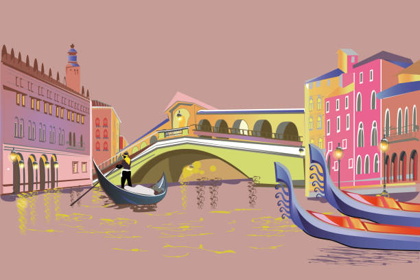 Colorful travel background with the Grand Canal in Italy. Romantic couple in the gondola travels along the Grand Canal in Italy. Colorful travel background decorated with golden patterns. Hand drawn vector background. venezia stock illustrations