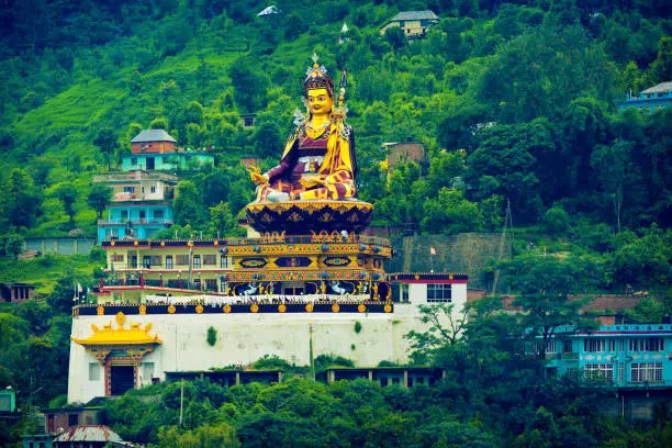 Monumental statue of Padmasmabhava (Guru Rinpoche) in Rewalsar. Mandi District, Himachal Pradesh, India