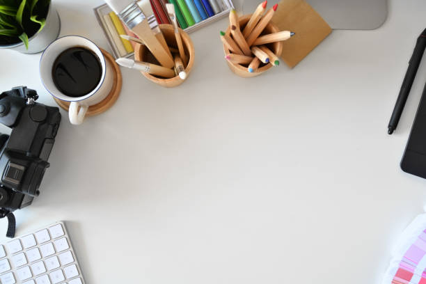istock Artist creative workspace with designer supplies and copy space 1073666036