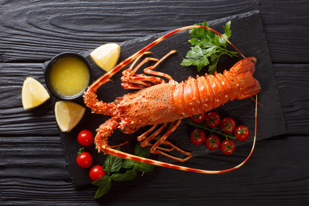 istock Expensive food: spiny boiled lobster with fresh tomato, lemon and melted butter close-up on stone. horizontal top view 1073666076