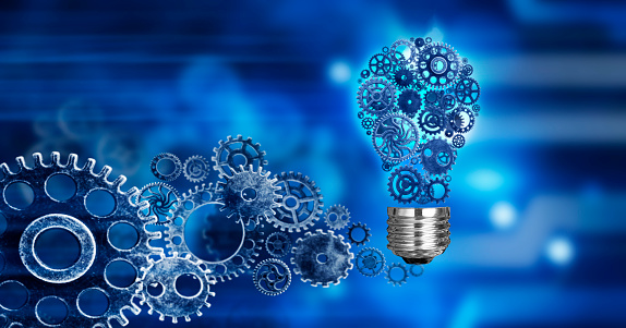 Innovation with ideas and concepts featuring a light bulb cogs working Business isolated