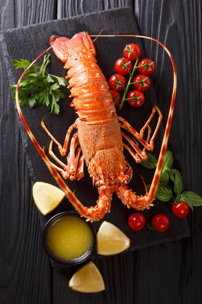 istock Expensive food: spiny boiled lobster with fresh tomato, lemon and melted butter close-up on stone. Vertical top view 1073671720