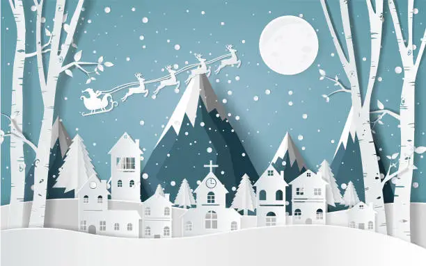 Vector illustration of winter with homes and snowy paper art . beautiful scenery in the  design  vector