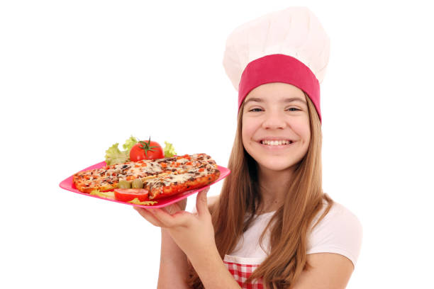 istock Happy girl cook with sandwich on plate 1073676606