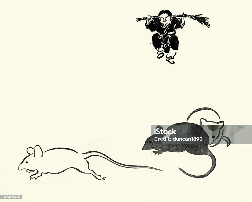 Japanese Art, Sketch of man chasing mice Vintage engraving of Japanese Art, Sketch of man chasing mice, by Korin Mouse - Animal stock illustration