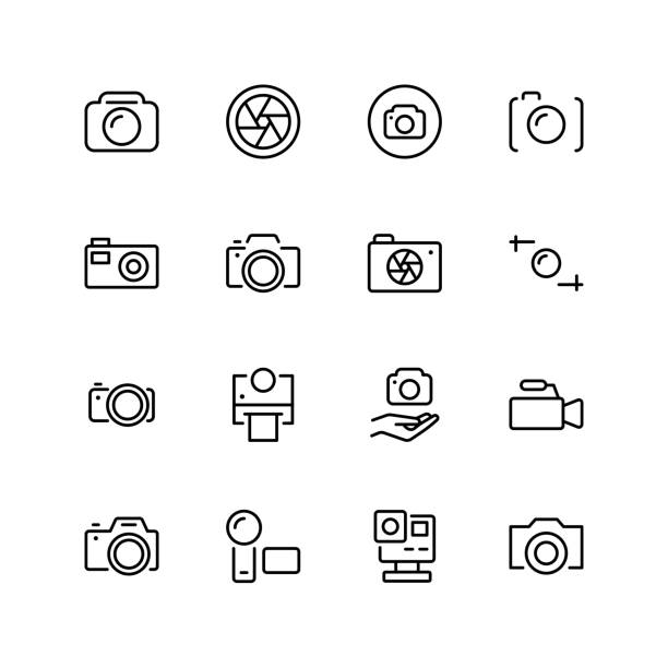 Camera flat icon Camera flat icon set. Single high quality outline symbol of info for web design or mobile app. Thin line signs of chat for design logo, visit card, etc. Outline logo of video. digital single lens reflex camera stock illustrations