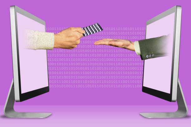 istock hi-tech concept, two hands from laptops. hand with medicine pills  and pleading gesture. 3d illustration 1073694752