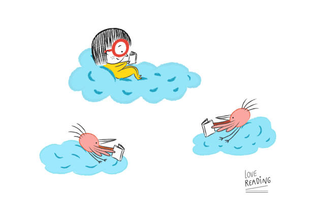 Love Reading! Little girl reading in the clouds Little girl reading in the clouds accompanied by birds, vector illustration cartoon of bird with glasses stock illustrations