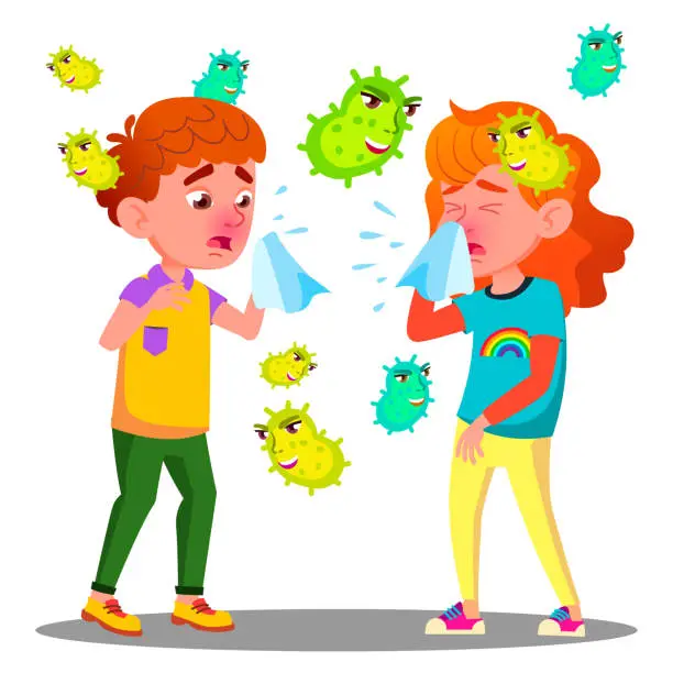Vector illustration of Sneezing Boy And Girl Surrounded By Flying Bacteria Vector. Isolated Cartoon Illustration