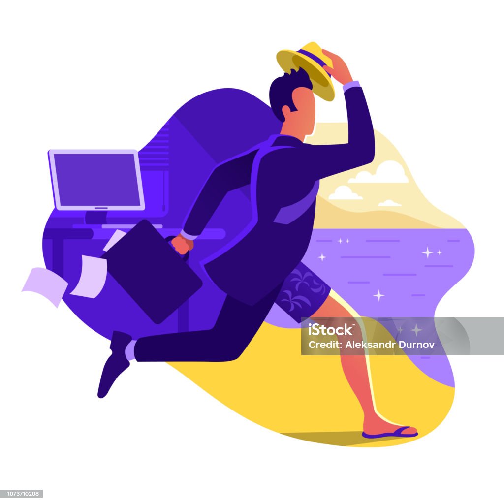 Man in suit running from office to the beach. Escape from office work. Going on vacation. Businessman with briefcase run to the sea. Weekend in a tropical country. Flat vector illustration. Vacations stock vector