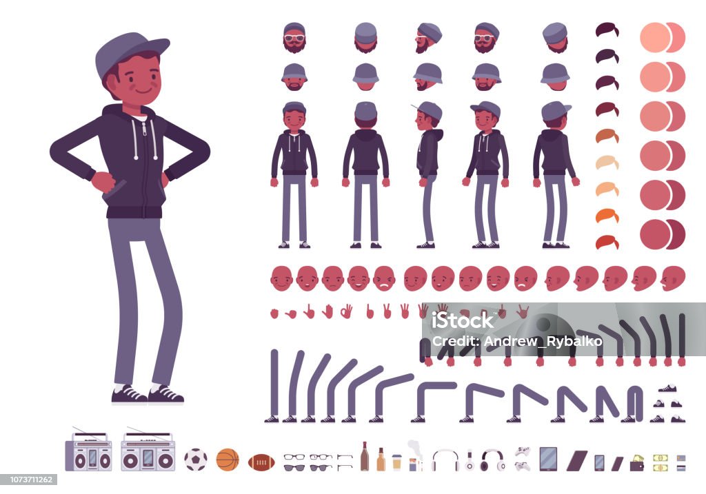 Young black man character creation set Young black man character creation set. Millennial boy in dark hoodie and cap. Full length, different views, emotions, gestures. Build your own design. Cartoon flat style infographic illustration Characters stock vector