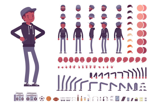 Young black man character creation set Young black man character creation set. Millennial boy in dark hoodie and cap. Full length, different views, emotions, gestures. Build your own design. Cartoon flat style infographic illustration group of objects stock illustrations
