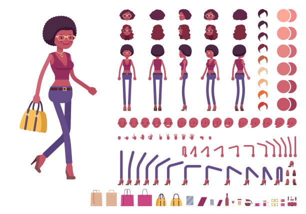 ilustrações, clipart, desenhos animados e ícones de jovem negro conjunto de criação de personagem de mulher - thin curls