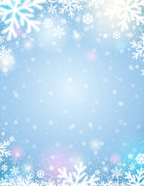 illustrations, cliparts, dessins animés et icônes de fond de noël avec des flocons de neige blanches floues, illustration vectorielle bleu - hiver