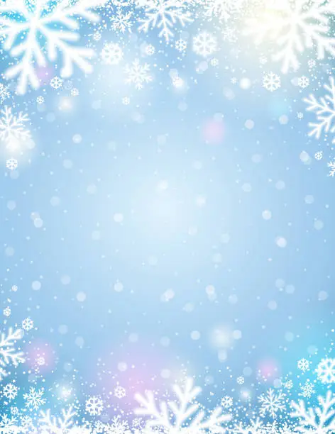 Vector illustration of Blue  christmas background with white blurred snowflakes, vector illustration