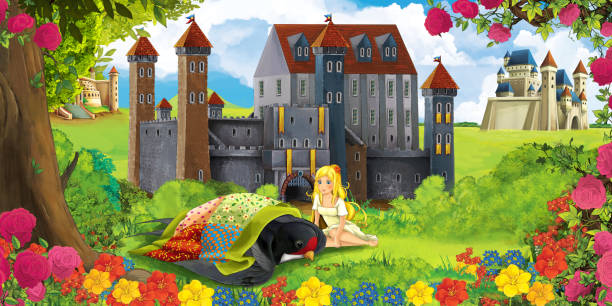 만화 자연 현장 숲 근처 뻐꾸기 새와 돕는 여자 휴식 아름 다운 성 - castle fairy tale palace forest stock illustrations