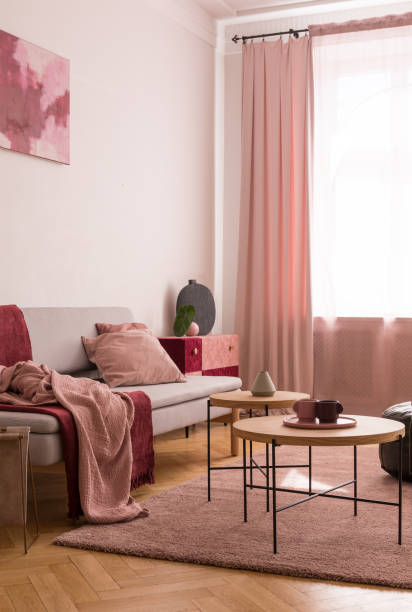 istock Table on pink carpet in living room interior with blanket on grey sofa and drapes at window. Real photo 1073712736
