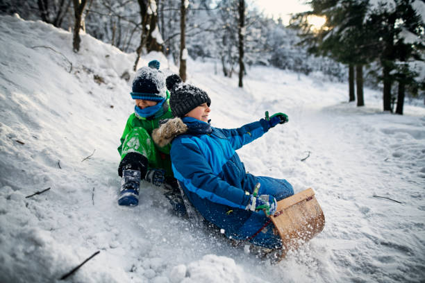 kleine jungs rodeln im winterwald. - little boys sled clothing slide stock-fotos und bilder