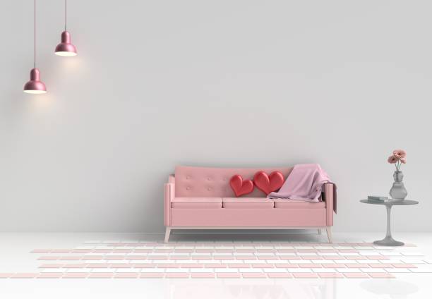 Two red hearts on pink sofa in white living room decor with tree,pillows, pink lamp, glass table, Window, White wall tile floor. Rooms of Love on Valentine`s Day. Background and interior. 3D render. dos corazones rojos en sofá color rosa en la decoración del salón blanco con almohadas, lámpara de color de rosa, árbol, mesa de vidrio, ventana, piso de baldosas de la pared blanca. habitaciones del amor en el día de san valentín. fondo y el interi