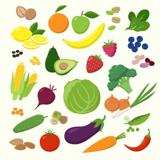 ilustrações de stock, clip art, desenhos animados e ícones de large set of fruits, vegetables and berries in flat design isolated on white background. vegetarian food infographic elements. - espinafres