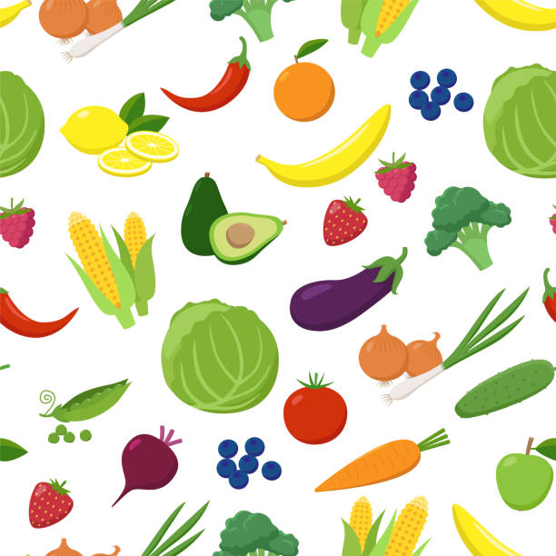 verschiedene früchte und gemüse musterdesign auf weißem hintergrund isoliert. frische vegetarische in flache design-vektor-illustration. - tomato apple green isolated stock-grafiken, -clipart, -cartoons und -symbole