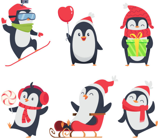 ilustrações, clipart, desenhos animados e ícones de personagens de pinguim. ilustrações de inverno dos desenhos animados de animais de vida selvagem em vários design de mascote ação pose de vetor - pinguim