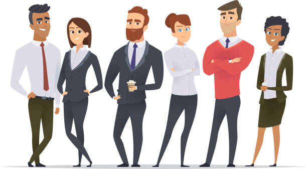 Business team. Professional workers happy partners group team building office male and female managers standing vector characters Business team. Professional workers happy partners group team building office male and female managers standing vector characters. Illustration of worker group, business manager team office coworker stock illustrations