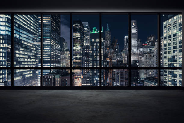 vista di manhattan di notte - manhattan new york city night skyline foto e immagini stock