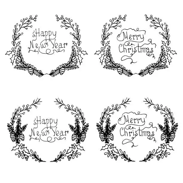 Vector illustration of Set of christmas wreath lettering Merry Christmas, Happy New Year monochrome typography banner floral cute design element