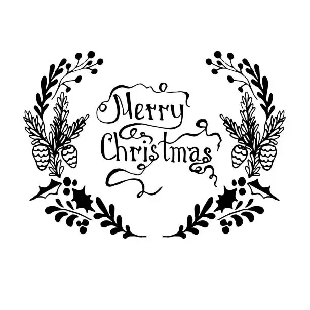 Vector illustration of Christmas wreath lettering Merry Christmas, monochrome typography banner floral cute design element