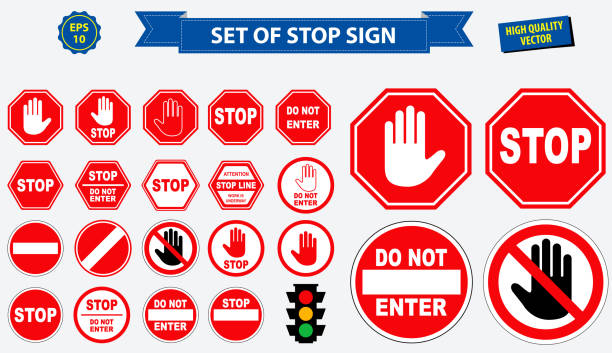 ilustrações de stock, clip art, desenhos animados e ícones de set of stop sign. - road sign illustrations