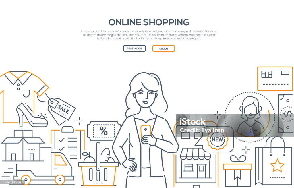 Online shopping - modern line design style web banner Online shopping - modern line design style web banner on white background with copy space for your text. A composition with a woman buying products using smartphone, mobile apps, websites Online Shopping stock vector