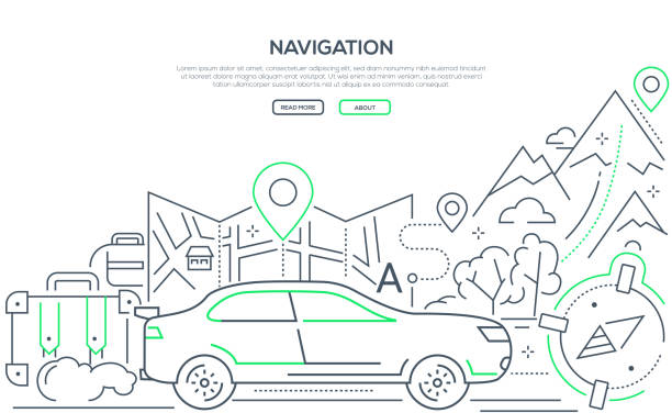 ilustraciones, imágenes clip art, dibujos animados e iconos de stock de navegación - banner de web de estilo de diseño de línea moderna - driving line