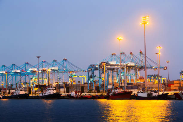 istock Evening view of  Port with cranes 1073723860