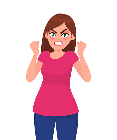 Angry woman is screaming and raising her fists up. Furious angry woman screaming with rage and frustration. Human emotion and body language concept illustration in vector cartoon flat style.