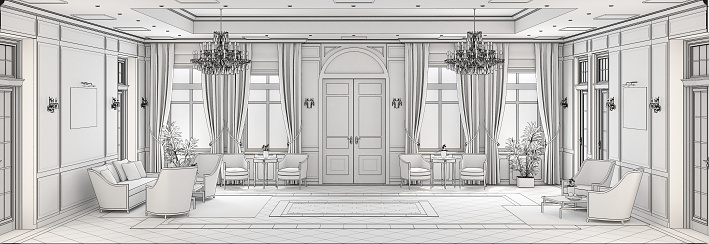 3d illustration. Sketch of the hallway with two doors and a picture