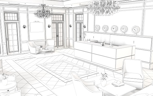hall, hotel lobby, interior visualization, 3D illustration