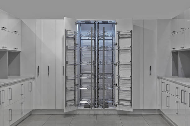 istock Home Interior. Kitchen - Opened Door of Refrigerator. Wood and Chrome Material, Modern Design. 1073738980