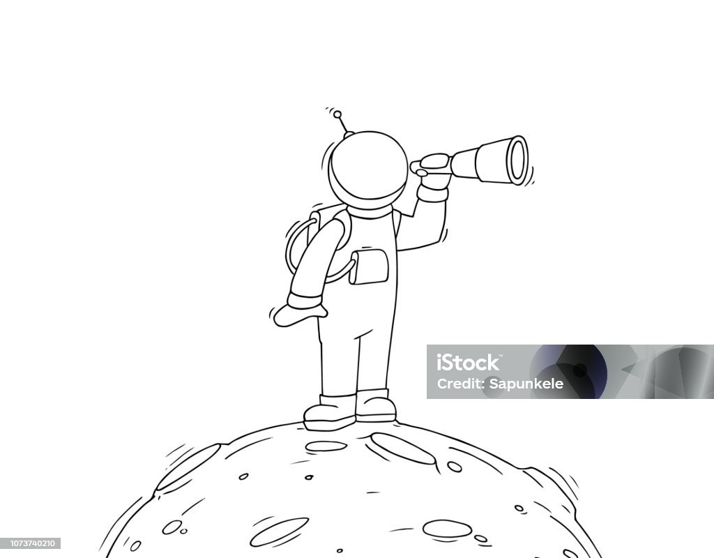 Sketch of astronaut with spyglass. Sketch of astronaut with spyglass. Doodle cute scene about space reseach. Hand drawn cartoon vector illustration for science design. Doodle stock vector