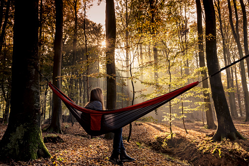 Teenage girl, 13, relaxing in a hammock that is tied up in the forest as the rays of early morning light break through the trees. Colour horizontal with some copy space. Photographed on location in Nordfeld woods on the island of Møn in Denmark.